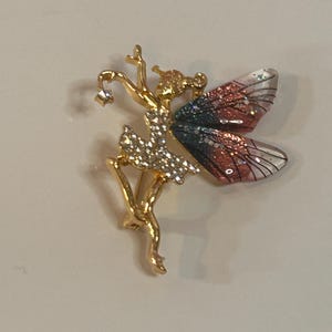 Vintage Iridescent Sparkly Dancing Fairy Pin Brooch with Enamel Wings and Crystal Dress