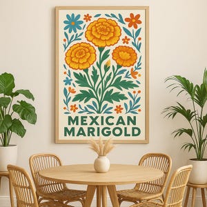 Vintage Mexican Poster Mexican Marigold Flower Traditional Latin Decor Latin Floral Print Mexican Botanical Wall Art Mexican Art Deco