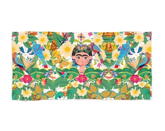 Frodo Kahlo Beach Towel, Frida Kahlo Gift, Pool Towel, Tropical Floral Towel, Cute Beach Towel, Cotton Beach Towel, Vacay Towel