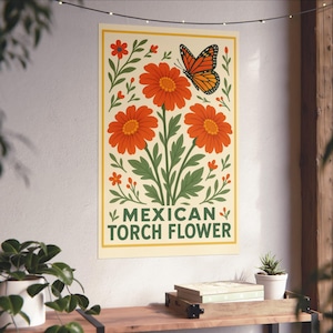 Vintage Mexican Poster Beautiful Mexican Torch Flower Art Mexican Decor Traditional Latin Decor Mexican Botanical Wall Art Mexico Art Deco