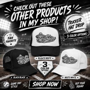 May include: Three trucker hats featuring a sugar skull graphic with a sombrero and the text Los White Sox. The hats are displayed in black/white, black/black, and white/white colourways. The image includes text promoting shop products.