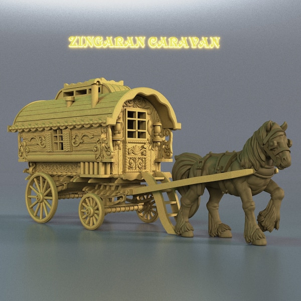 Caravana gitana nómada Zingaran con miniatura de caballo pesado / escala 28 mm - 32 mm / RPG de mesa / Wargaming / resina 3D impresa / sin pintar