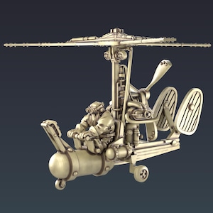 Dwarven Gyrocopter with Pilot Miniature | 28mm 32mm Scale | Steampunk Fantasy | Tabletop RPG Wargame | 3D Printed Resin | Unpainted
