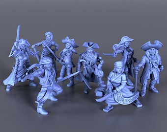 May include: A set of eight blue plastic figurines depicting pirates. The figures are all wearing different clothing and accessories, including hats, swords, and pistols.