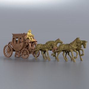 May include: A brown and gold horse-drawn carriage with four horses pulling it. The carriage is decorated with intricate details and has a driver's seat in the front. The horses are all brown and have gold accents.