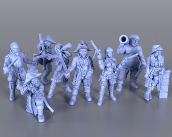 May include: A set of eight miniature pirate figures, painted in a light blue colour. The figures are posed in various action poses, holding weapons and accessories.