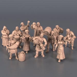 Medieval Townsfolk Miniatures: 28mm-32mm Scale, Unpainted Resin Villagers