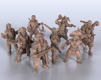 May include: A group of tan-coloured pirate figurines in dynamic poses. The figures are detailed with hats, swords, and other pirate accessories. The collection includes a variety of characters, suitable for a tabletop game or as collectibles.