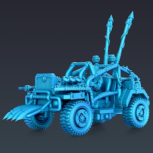 May include: A blue, stylized model of a post-apocalyptic vehicle. The vehicle features large tires, a spiked front, and tall, decorative spires. The design includes a roll cage, engine details, and what appears to be a driver figure.