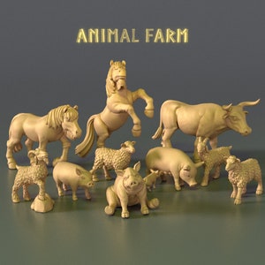 May include: A collection of nine animal figurines, including a horse, cow, pig, sheep, and goat. The figurines are all made of a light brown material and are arranged in a group on a grey surface. The text "ANIMAL FARM" is displayed above the figurines.