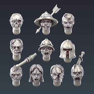 May include: A set of ten grey, stylised zombie heads, each with distinct features and expressions. Some heads wear helmets or hats, and one has an arrow through it. The collection includes a weapon and a detailed, undead aesthetic.