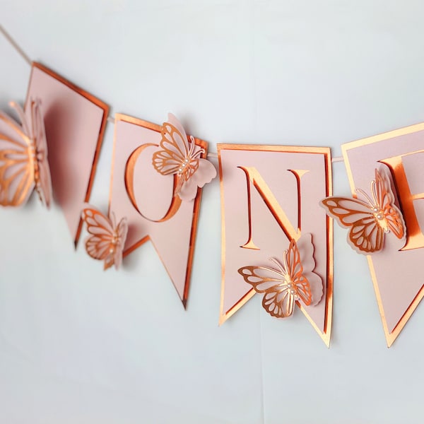 First Birthday, I AM ONE, Pink and Rose Gold Birthday Party Decorations, ONE Highchair Banner, Light Pink and Rose Gold Butterfly Party