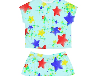 Conjunto de dos piezas Clown Core Kid Core Colorful Retro Stars (Top corto / Pantalón corto)