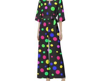Dotties Gone Crazy Dolman Sleeve Belted Wide Leg Jumpsuit