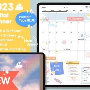 May include: A digital planner for 2023 with a blue and pink colour scheme. The planner features a calendar with hand-drawn illustrations, a memo section, and a to-do list. The planner is designed for portrait use and includes 500+ stickers. The text "New" is displayed in a red box.