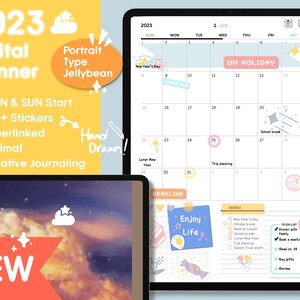 May include: A digital planner app for 2023 with a pastel blue and pink colour scheme. The app features a calendar view with a hand-drawn illustration of a shooting star and the text "School break". The app also includes a memo section with a hand-drawn illustration of a candy cane and the text "Enjoy Life".
