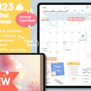 May include: A digital planner app for 2023 with a pink and blue colour scheme. The app features a calendar view with a hand-drawn style and a variety of stickers. The app also includes a to-do list, memo section, and deadline tracker. The app is advertised as having 500+ stickers, hyperlinked features, and a minimal design.
