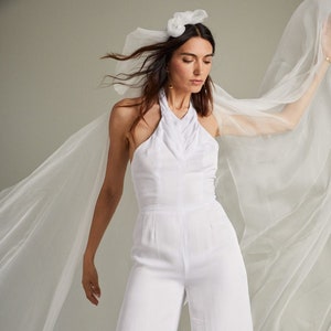 White Formal Jumpsuit with Herringbone Pleat