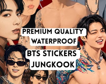 Puede incluir: Una colección de pegatinas con varios retratos ilustrados de Jungkook de BTS, mostrando diferentes atuendos, peinados y poses sobre un fondo rojo. El texto dice PREMIUM QUALITY WATERPROOF BTS STICKERS JUNGKOOK.