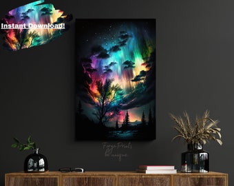 Blue Polar Lights Print, Starry Night Sky, Clouds & Trees, Instant Download, Celestial Wall Art, 6 Sizes