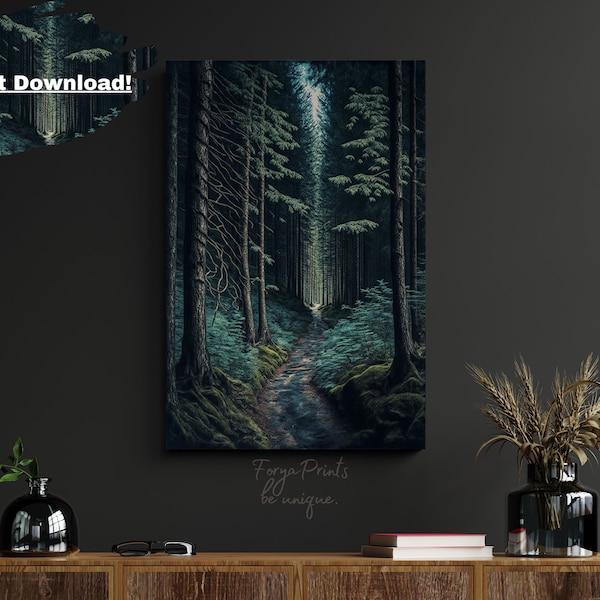 Dark Forest Path, Nature Printable Poster, Instant Download, Mysterious Woods Wall Art, High-Res PDF, 6 Sizes