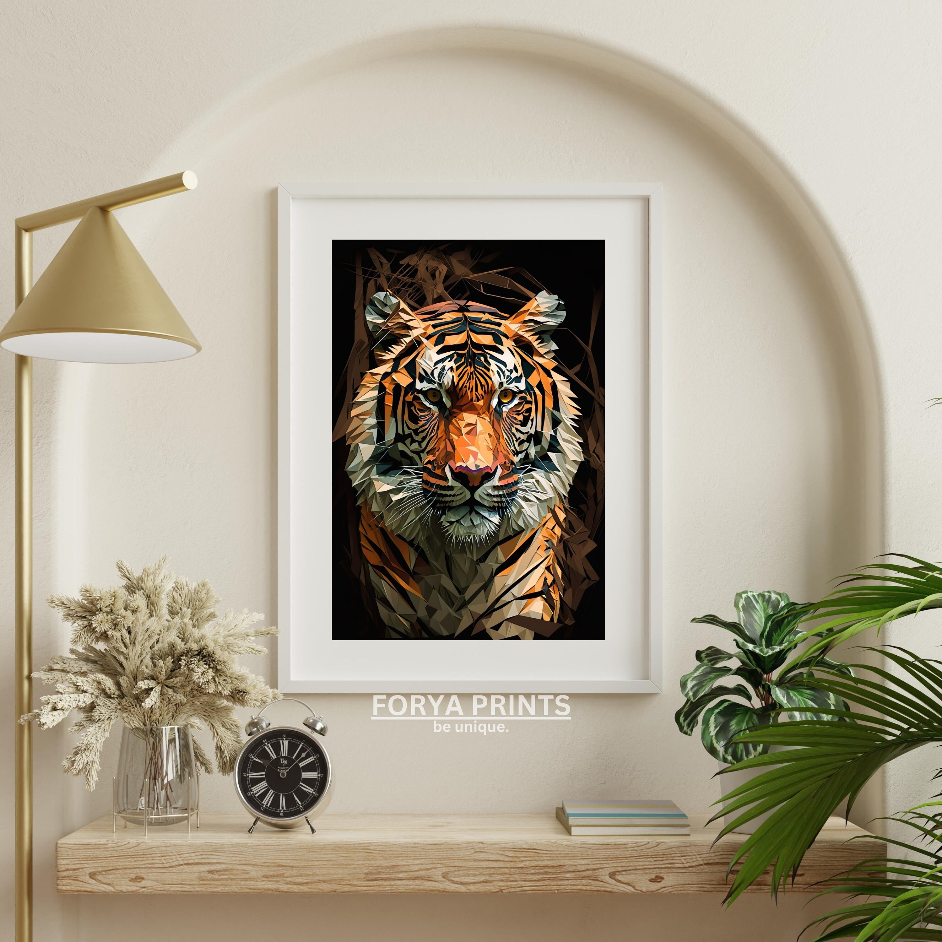 Intense Polygon Tiger Gaze, White & Brown Stripes on Black Background ...
