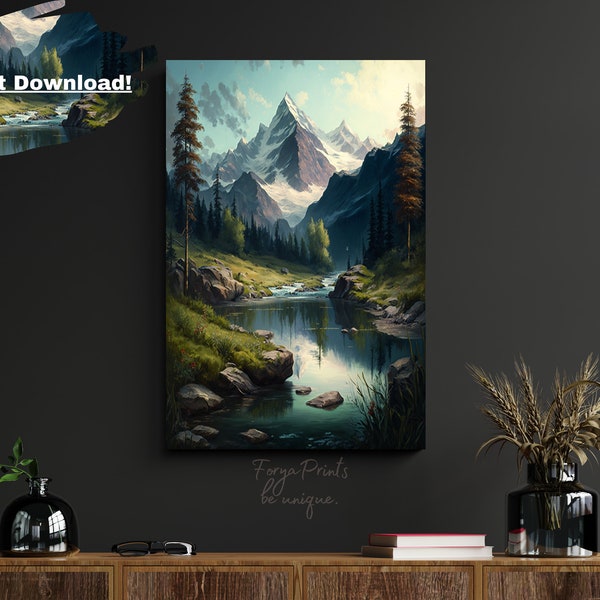 Scenic Mountain River Print, Blossoming Meadow, Trees, Instant Download, Nature Wall Art, 6 Sizes
