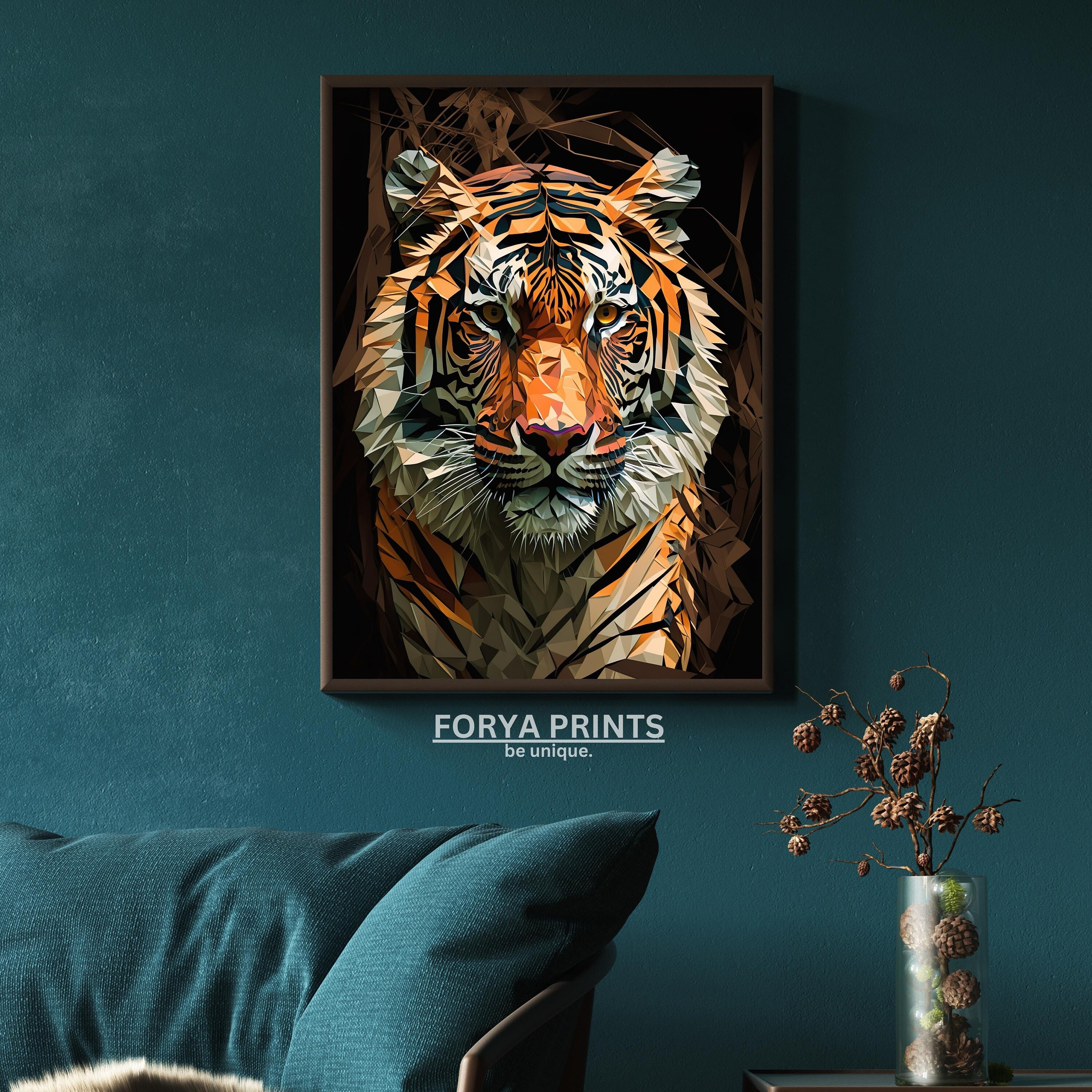 Intense Polygon Tiger Gaze, White & Brown Stripes on Black Background ...