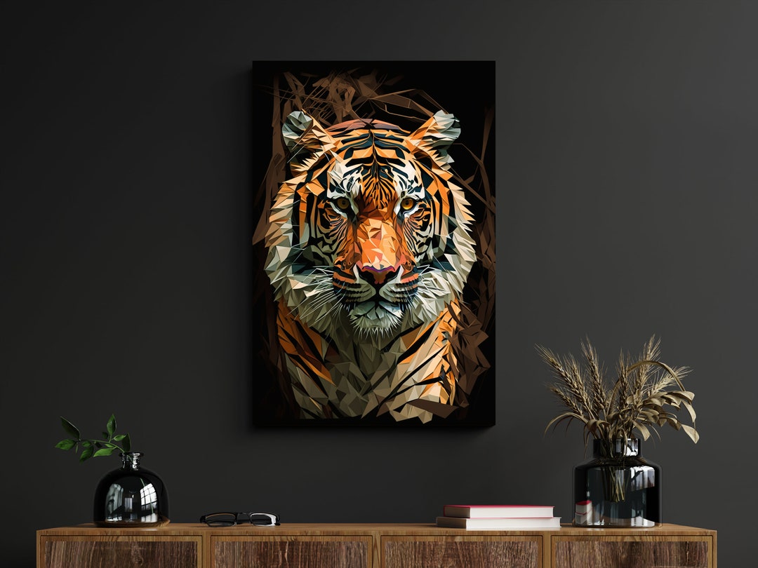 Intense Polygon Tiger Gaze, White & Brown Stripes on Black Background ...