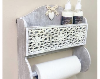 Wooden Bathroom Kitchen Roll Holder Grey Handmade