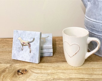 Marble Coasters- White Set Of 4 Gold Dog Design