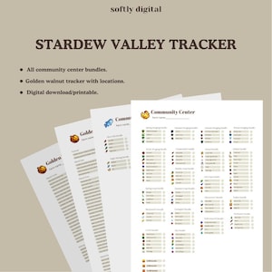 May include: Printable Stardew Valley tracker with three pages: Community Center, Golden Walnut, and Golden Walnut with locations. The Community Center page has a checklist for all bundles, including Spring Foraging, Summer Foraging, Autumn Foraging, Winter Foraging, Fish, Crops, and more.