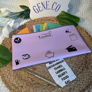 May include: A pink zippered pouch with the word "Essential" printed on it. The pouch has various icons printed on it, including a fork and spoon, a piggy bank, a gas pump, a globe, a credit card, and a pill bottle. The pouch is sitting on a woven mat with a white sign that says "GENE.CO" above it. A gold pen and a white card with the words "MEDICINE, ENTERTAINMENT, TRAVEL, SAVINGS, BEAUTY, FOOD, GAS" are also visible.