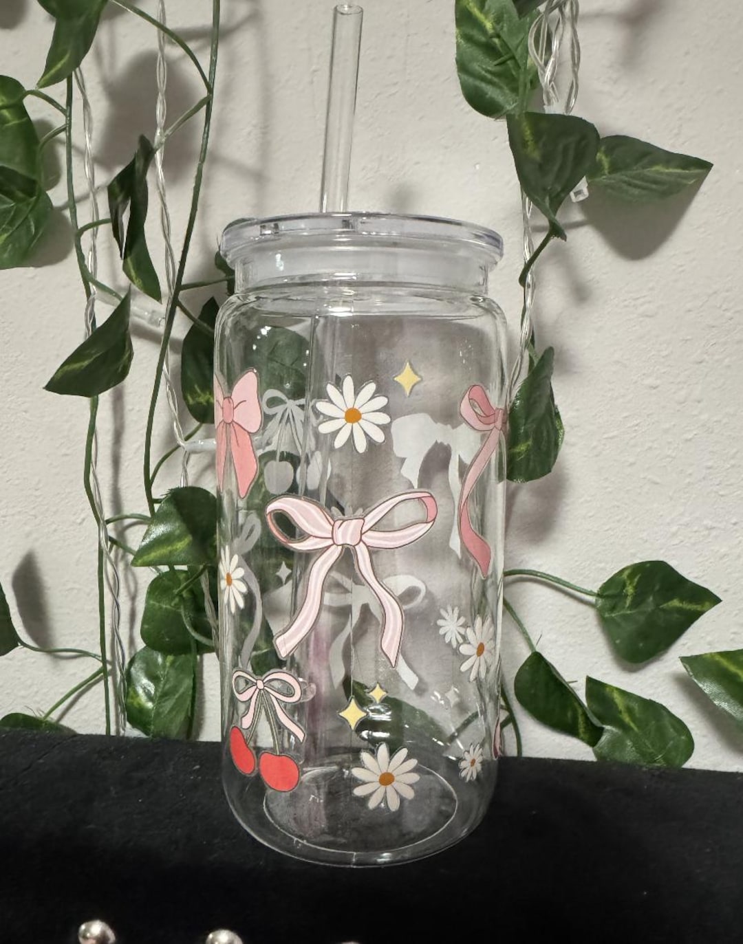 Cherry, Flower, and Pink Bows Glass Cup: Iced Coffee With Lid and Straw ...