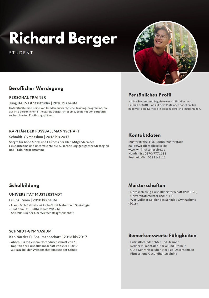Pu&ograve; includere: Richard Berger, uno studente, &egrave; ritratto con un curriculum che evidenzia la sua esperienza come personal trainer, capitano della squadra di calcio e i suoi successi accademici. Il curriculum include le sue informazioni di contatto, le sue competenze e i suoi risultati.