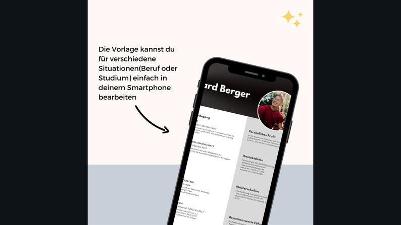 Pu&ograve; includere: Un modello di curriculum vitae in bianco e nero visualizzato sullo schermo di uno smartphone. Il modello include una foto del profilo, informazioni di contatto, esperienza lavorativa e competenze. Il testo "ard Berger" &egrave; visibile nella parte superiore dello schermo.