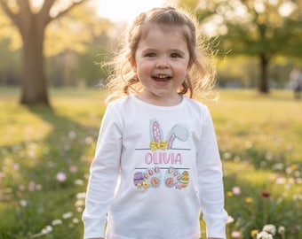 Camiseta rosa personalizada com coelhinho da Páscoa para menina