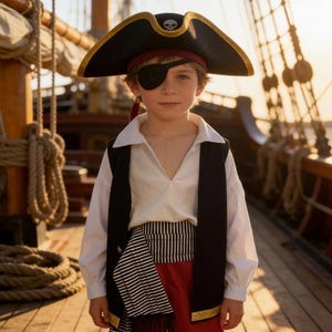 May include: A pirate costume featuring a black tricorne hat with a white skull and crossbones emblem, a black eye patch, a white long-sleeved shirt, a black vest with gold trim, a black and white striped sash, and solid red trousers.
