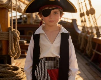May include: A pirate costume featuring a black tricorne hat with a white skull and crossbones emblem, a black eye patch, a white long-sleeved shirt, a black vest with gold trim, a black and white striped sash, and solid red trousers.