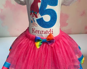 Girls Troll Birthday Outfit: Embroidered Shirt & Pink Tutu
