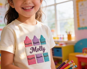 Personalized back to school Girl's shirt bow crayon monogram design with your custom name