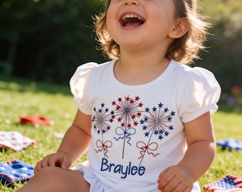 Girls' 4th of July sparklers shirt- Red White Blue fireworks personalized Shirt -Patriotic kids Shirt -star spangled fireworks embroidery