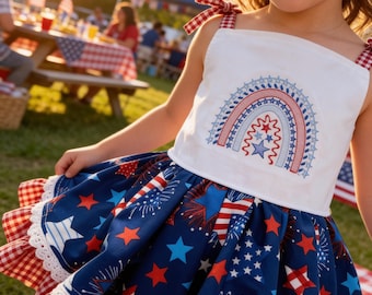 Vestido patriótico para o 4 de julho, Vestido infantil para o 4 de julho, Vestido patriótico da American Girls, Vestido com fogos de artifício, Vestido vermelho, branco e azul