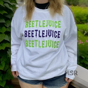 Halloween inspired Beetlejuice embroidery sweatshirt/Spooky, sleeve never trust living, ghost, Style Embroidered Crewneck|, graveyard