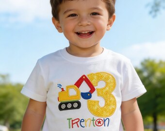 Boys Excavator Birthday Shirt, Custom Construction Applique, Toddler Name Tee