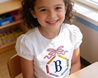 Personalized back to school Girl's shirt bow crayon monogram design with your custom name