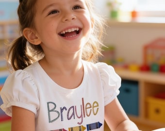 Personalized back to school Girl's shirt bow crayon monogram design with your custom name