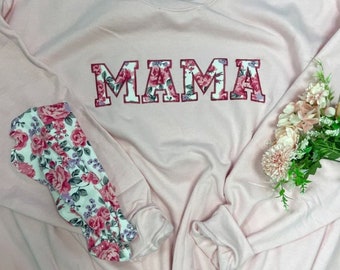 Mama Embroidered Baby Outfit Keepsake Applique Sweatshirt | Simple Mama Pullover, Gift for Mom, or Grandma Personalized Mama Shirt