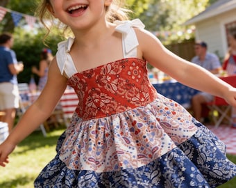 Vestido patriótico para o 4 de julho, Vestido infantil para o 4 de julho, Vestido patriótico da American Girls, Vestido com fogos de artifício, Vestido vermelho, branco e azul