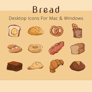 Puede incluir: Un conjunto de 12 iconos de pan dibujados a mano para uso de escritorio. Los iconos incluyen una variedad de tipos de pan, incluyendo una hogaza de pan, una baguette, un croissant, un pretzel, un bagel y un panecillo.
